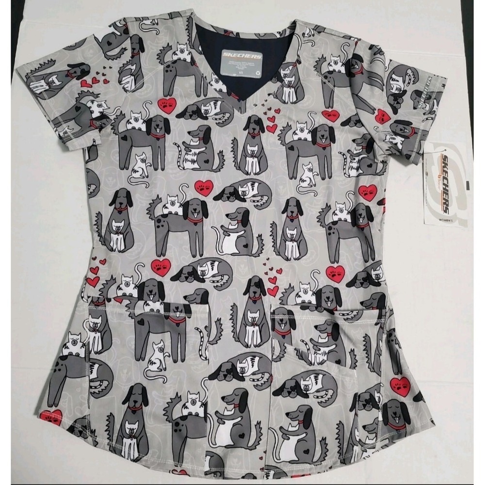 Skechers by Barco Women's Scrub Top XS Gray Cats and Dogs Printed V-Neck New